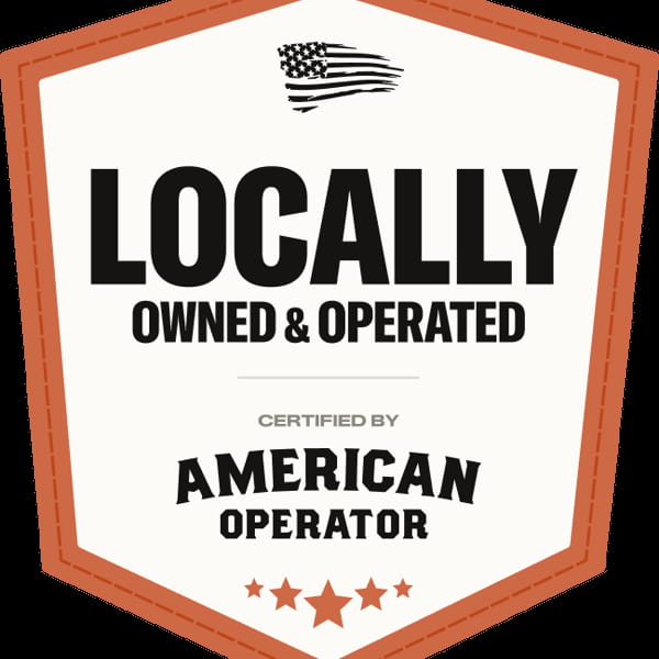 A badge stating "Locally Owned & Operated, Certified by American Operator" with an American flag and stars.