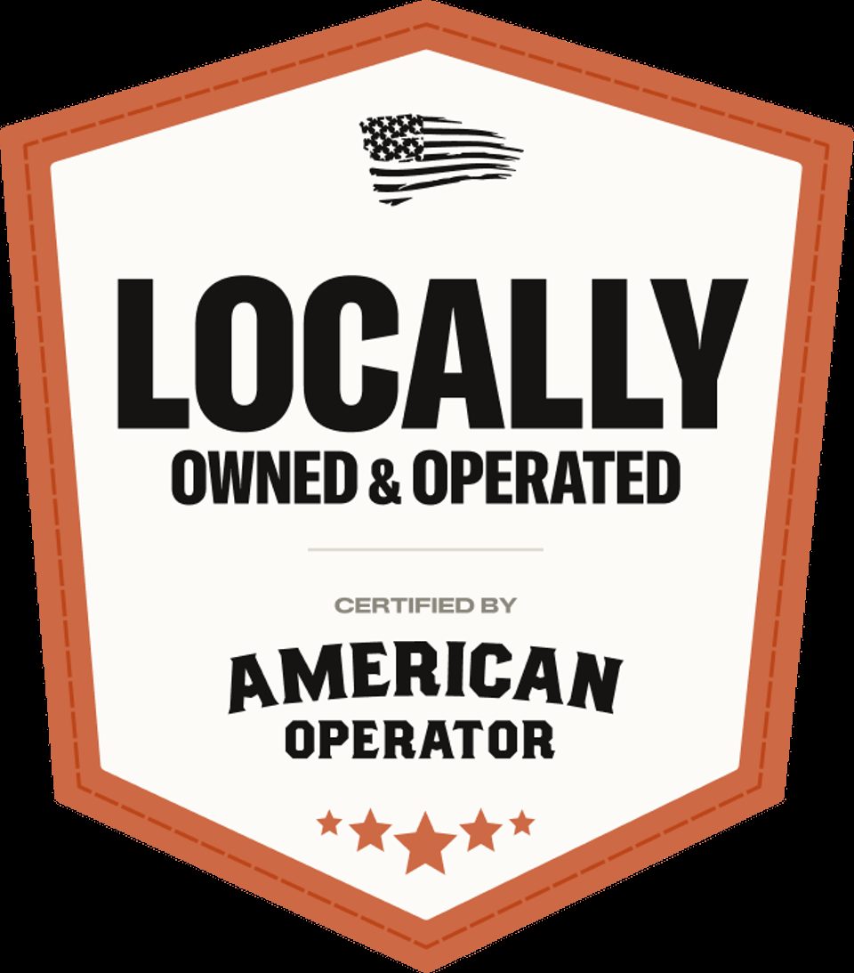 A badge stating "Locally Owned & Operated, Certified by American Operator" with an American flag and stars.